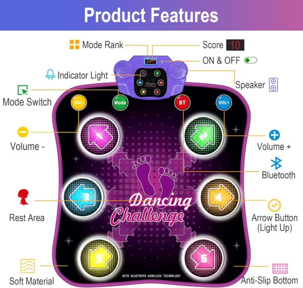3 Light Up Dance Mat for Girls,Bluetooth Support, Built-in Music, Bluetooth Support, Built-in Music,Christmas Birthday Gifts for Girls Boys Age 3+