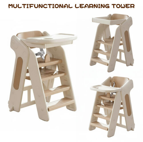 Folding Toddler Learning Tower, Adjustable Height Step Stool with Safety Bar,Kitchen Step Stool and Baby HighChair Set,Standing Tower for kitchen Counter Bathroom