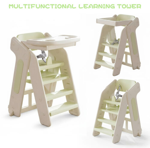 Folding Toddler Learning Tower, Adjustable Height Step Stool with Safety Bar,Kitchen Step Stool and Baby HighChair Set,Standing Tower for kitchen Counter Bathroom